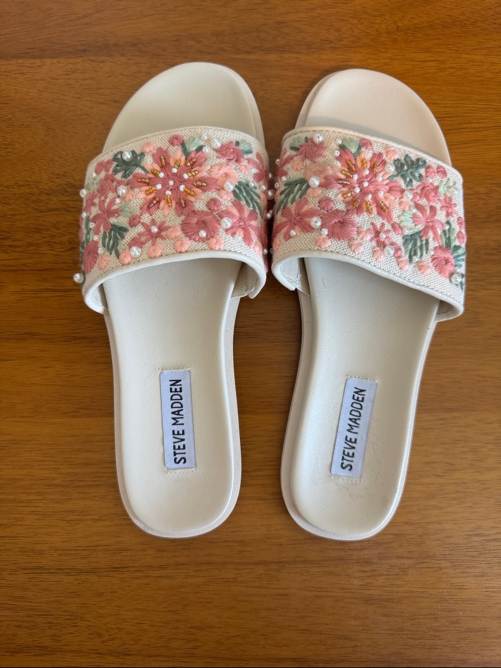 Steve Madden Ivory Slide Sandals with Pink Floral Embroidery see description